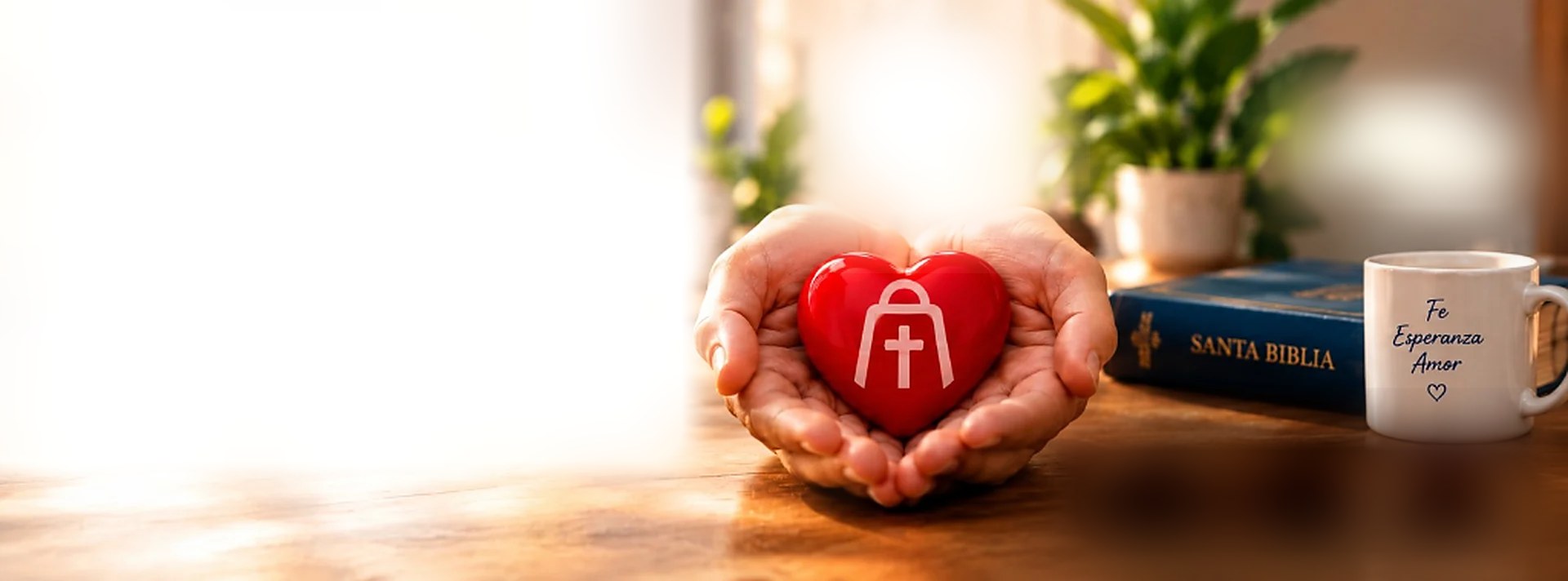 Manos sosteniendo un corazón rojo con el logo de Atrio junto a una Biblia