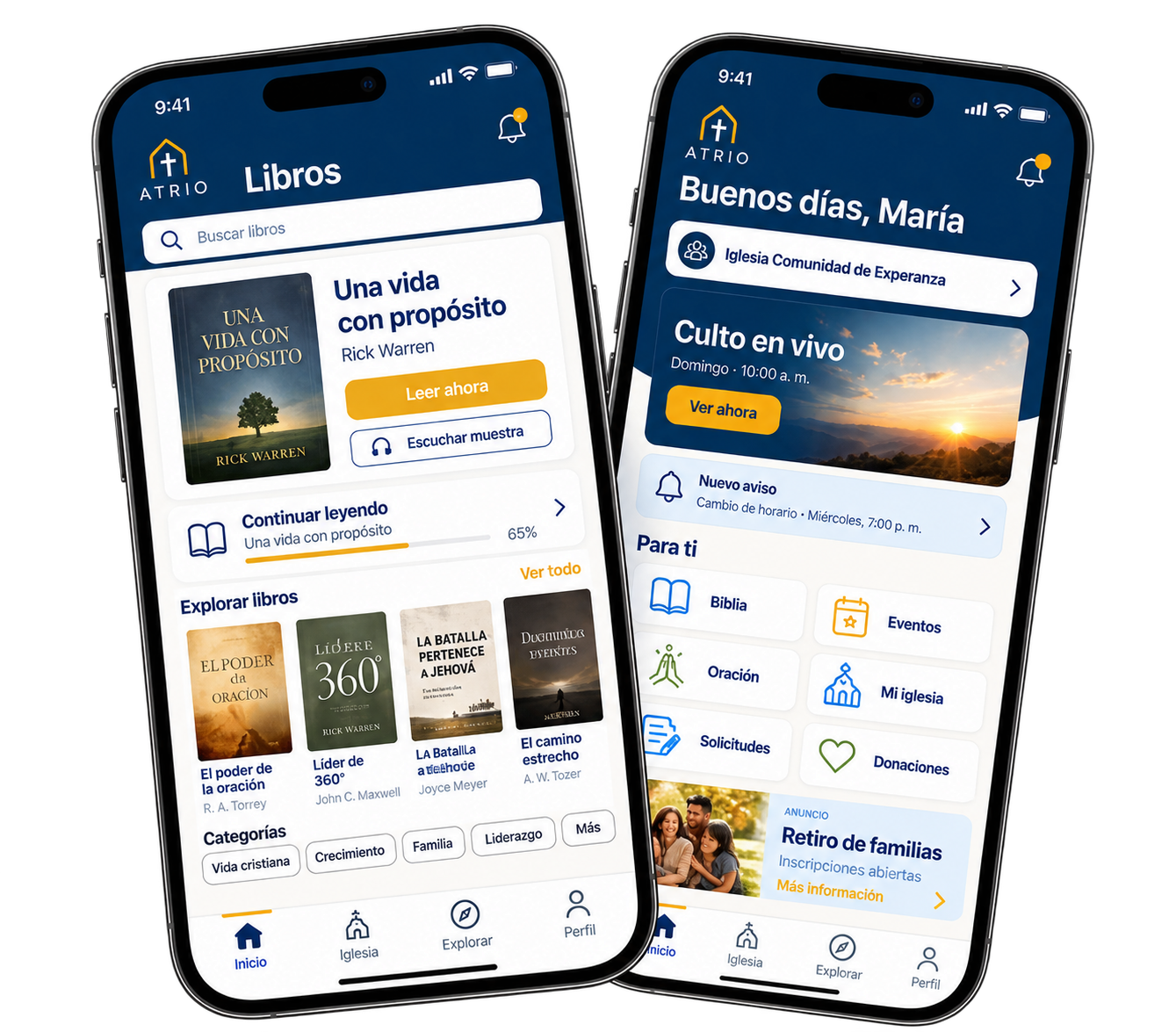 Dos pantallas de la app Atrio: biblioteca de libros e inicio